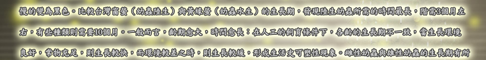 比較台灣窗螢（幼蟲陸生）與黃緣螢（幼蟲水生）的生長期，發現陸生幼蟲所需的時間最長，階需3個月左
右，有些種類則需要10個月。一般而言，齡期愈大，時間愈長：在人工的飼育條件下，各齡的生長期不一致，當生長環境
良好，常物充足，則生長較快，而環境較差之時，則生長較緩，形成生活史可塑性現象。雌性幼蟲與雄性幼蟲的生長期有所
不同，雌蟲通常較雄蟲為長，特別是山窗螢的幼蟲若在第一年沒有化羽為成蟲，會延長至隔年化蛹，因此4月間在野外可以
看到終齡的幼蟲。